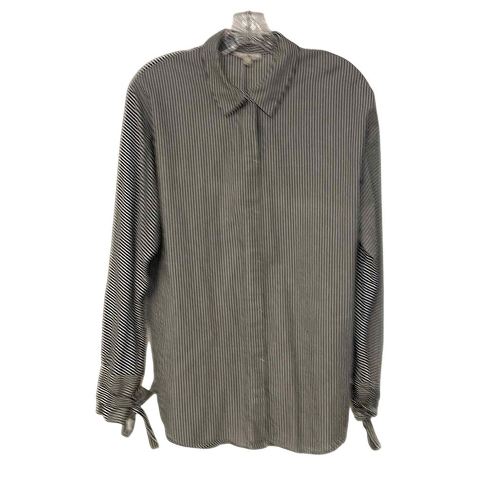 Jane and Delancy Black White Striped Button Down Shirt Tie‎ Cuff Blouse Womens L